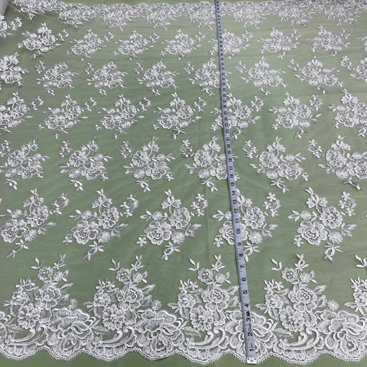 1 Yard Ivory Corded Bridal Lace Fabric Embroidered on Polyester Net Mesh 51 Inch Width